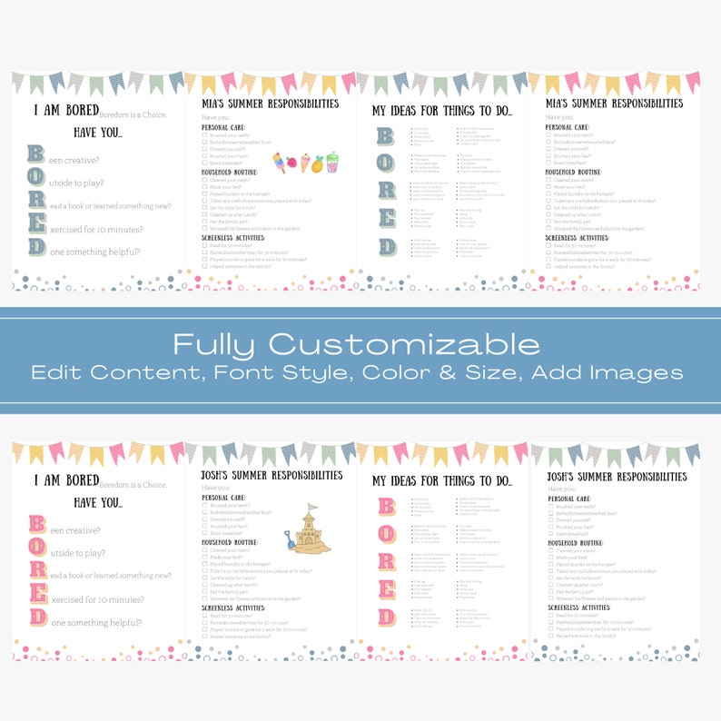Kids Summer Chore and Activity Chart, Summer Rules Printable, Editable ...