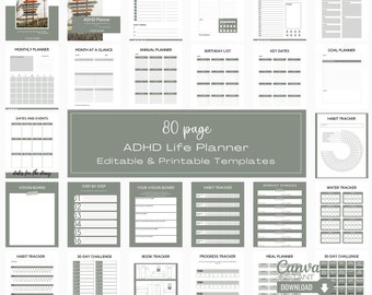 Editable ADHD Life Planner: 80-Page Printable Journal (Digital)