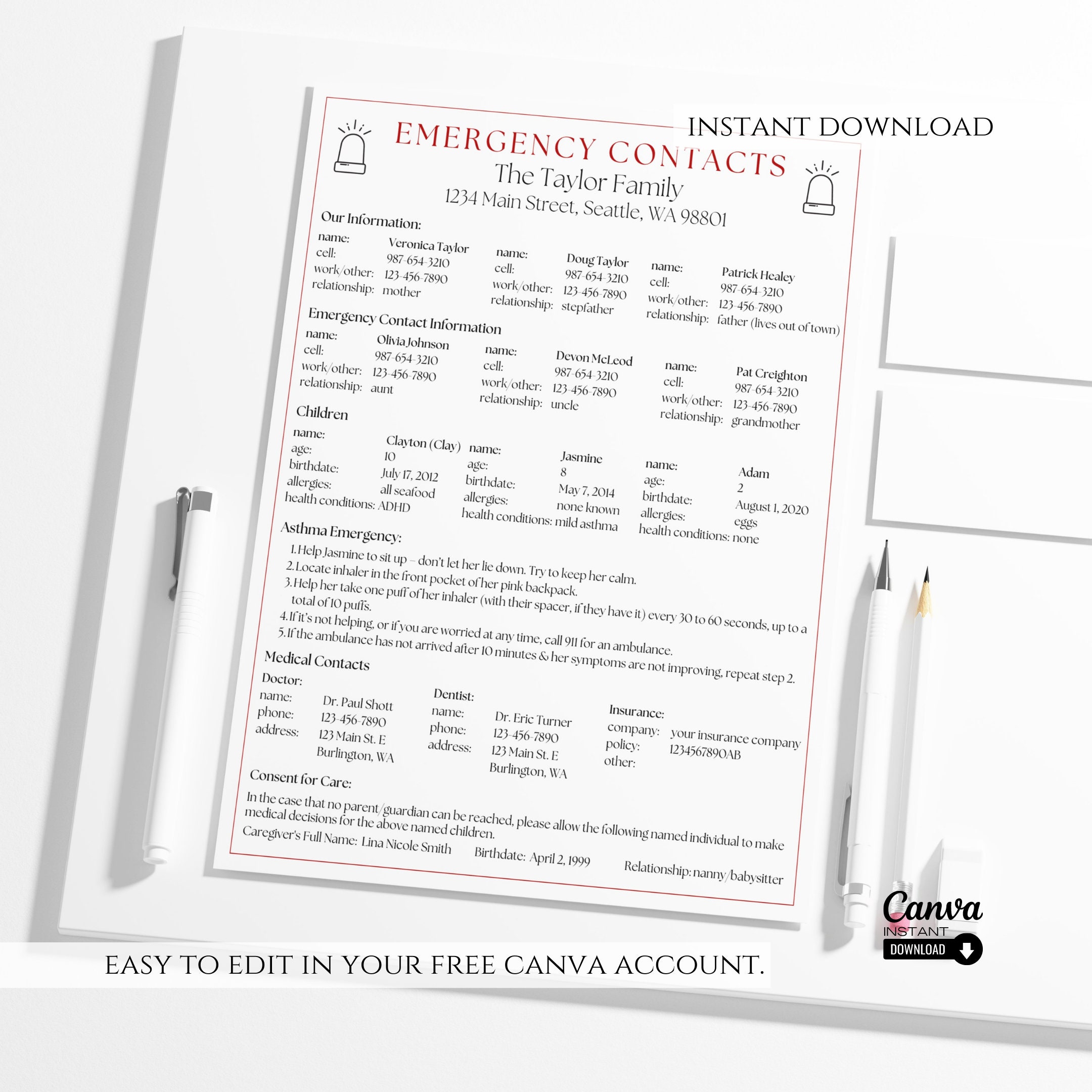 Editable Childcare Notes, Printable Babysitter Important Info Page ...