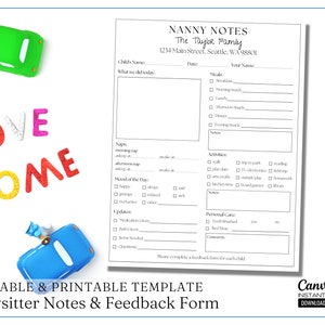 Modello modificabile per le note della tata: rapporto e lista di controllo per la babysitter (download immediato)