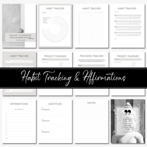 May include: A printable planner with a gray background and black text. The planner includes sections for habit tracking, project planning, progress tracking, affirmations, gratitude, and notes. The planner also includes a quote that says "Do something today that your future self will thank you for."