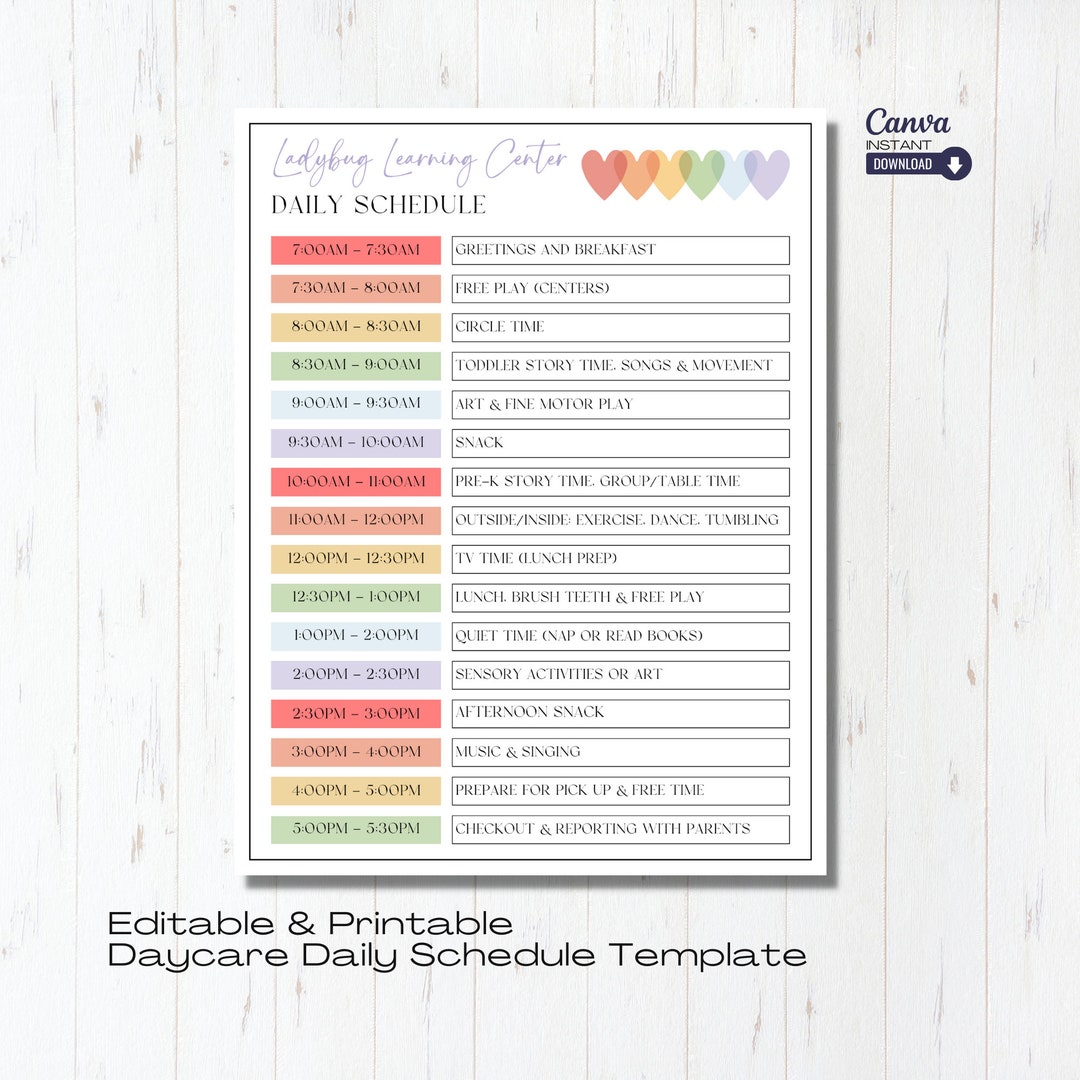 Editable Daily Daycare Schedule Template, Printable Home Daycare Form ...
