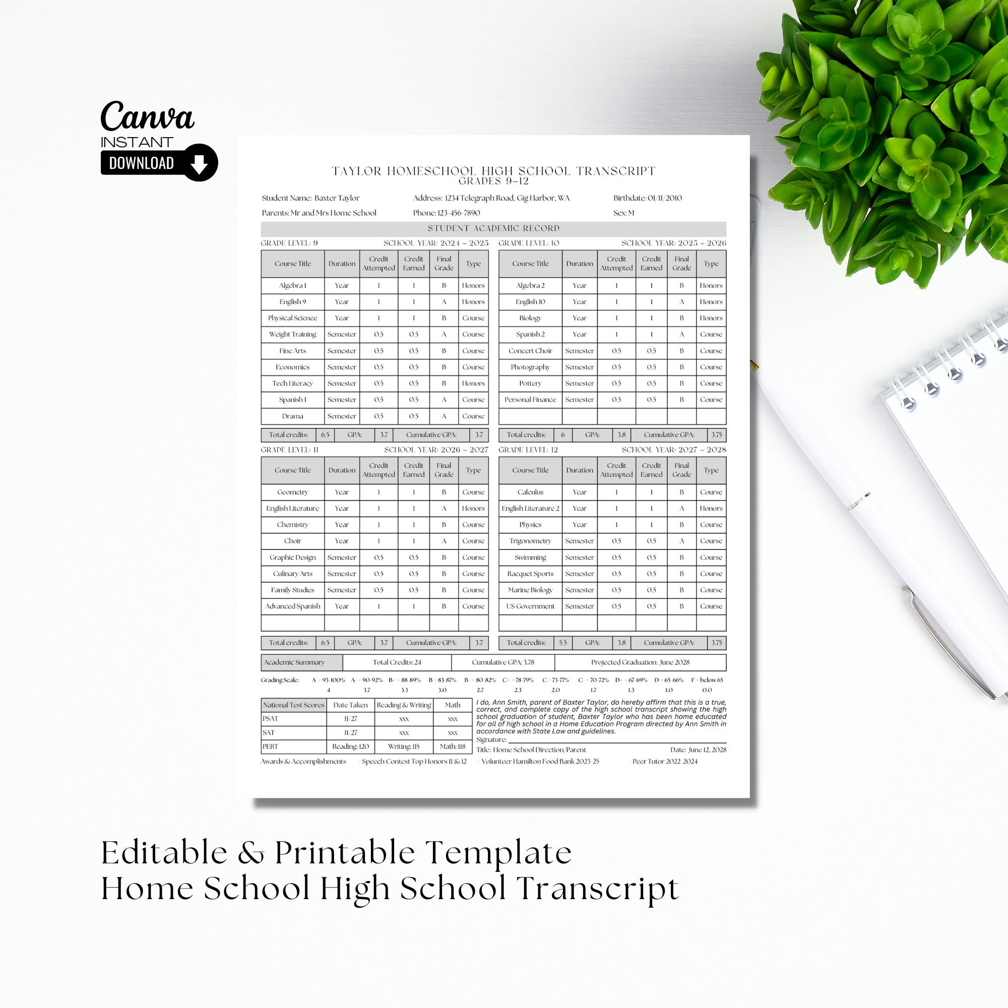 Editable Homeschool High School Transcript Template (digital Download ...