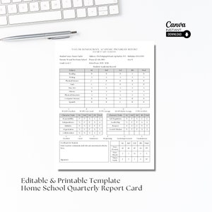 Plantilla de informe de calificaciones de educación en el hogar editable, registro académico de educación en el hogar imprimible, informe de progreso rellenable, informe de calificaciones de la escuela primaria