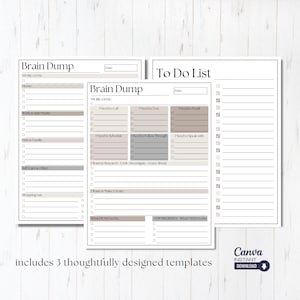 May include: Three printable planner pages with a minimalist design. The pages are titled "Brain Dump", "Brain Dump", and "To Do List". Each page has a section for a big goal, a date, and a list of tasks to complete.