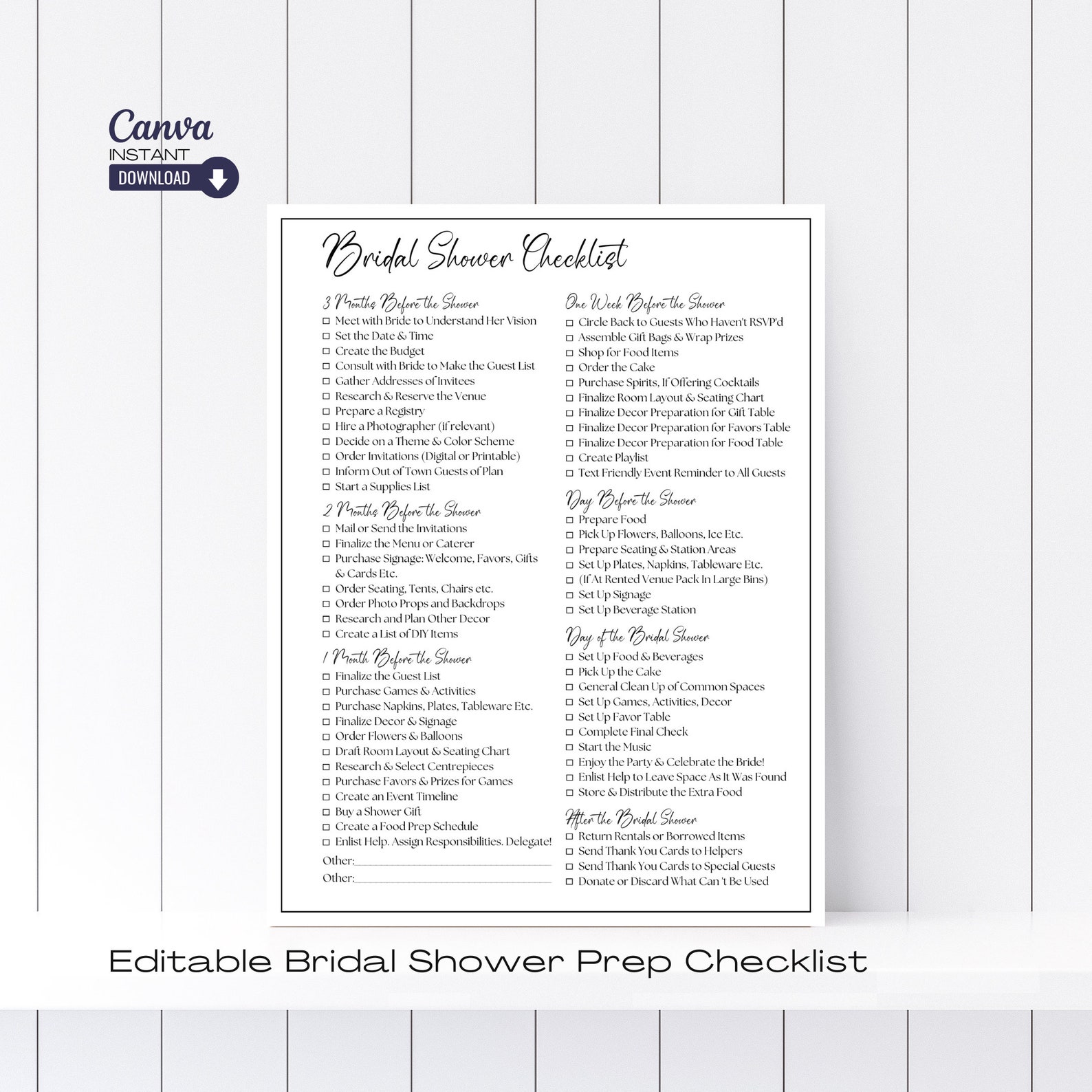 Editable Bridal Shower Planning Checklist Template, Printable Wedding