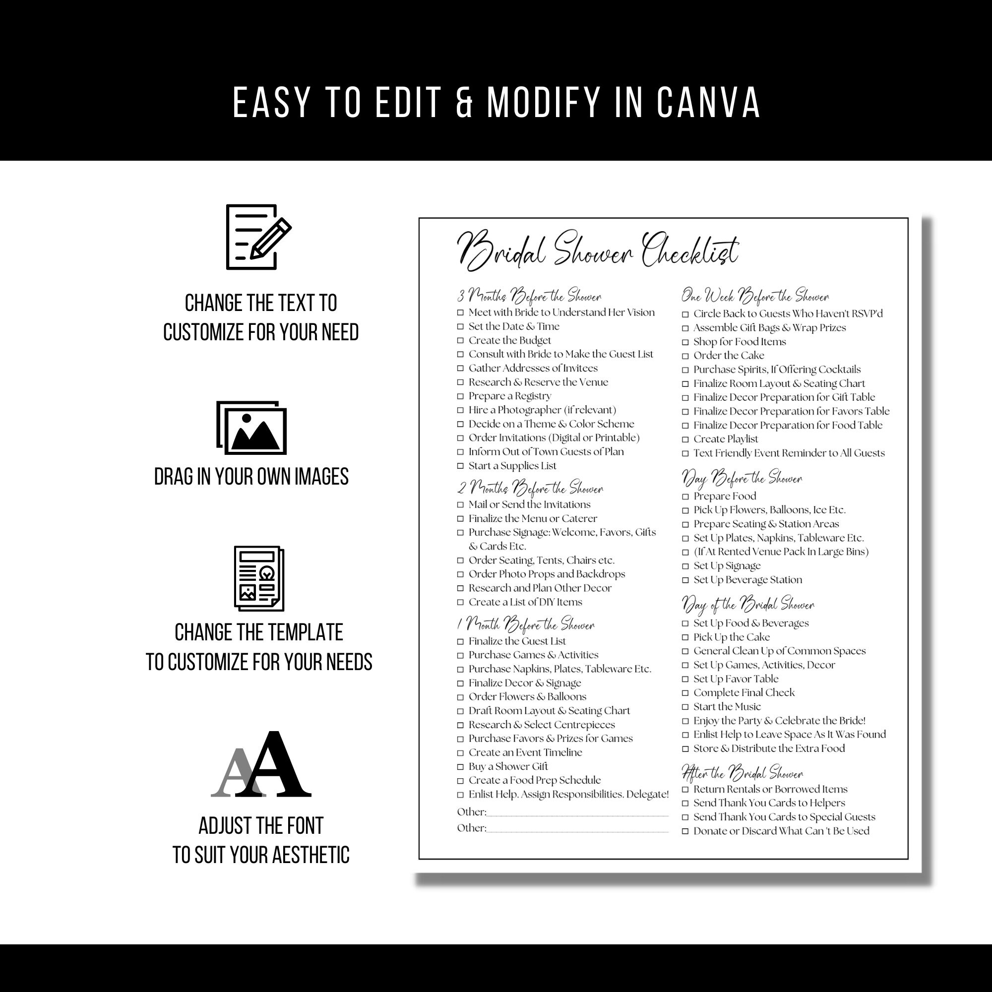 Editable Bridal Shower Planning Checklist Template, Printable Wedding
