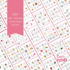 Sjabloon voor bewerkbare notities voor lunchbox, afdrukbare notities voor kinderen positieve bevestiging, notities voor kinderen, meisjes lunchbox-notities, lunchbox-kaarten, canva