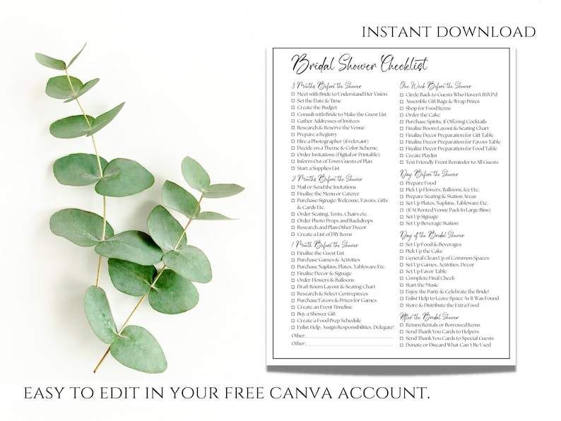 Editable Bridal Shower Planning Checklist Template Printable Etsy