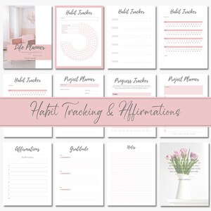 May include: A printable planner with a pink and white colour scheme. The planner includes sections for habit tracking, project planning, progress tracking, affirmations, gratitude, and notes.