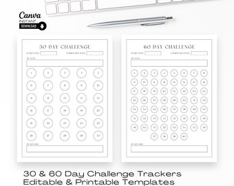 30 Day Challenge Tracker: Editable Goal Planner (Canva, Printable PDF)