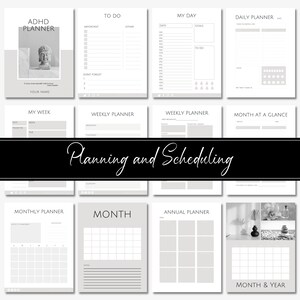 May include: A black and white printable planner with the text "Planning and Scheduling" in a cursive font. The planner includes sections for daily, weekly, monthly, and annual planning.