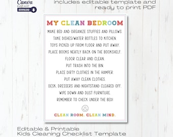 May include: A printable checklist for kids to clean their bedroom. The checklist is colorful and has the text "My Clean Bedroom" at the top. The checklist includes tasks such as making the bed, putting away toys, and cleaning the floor.