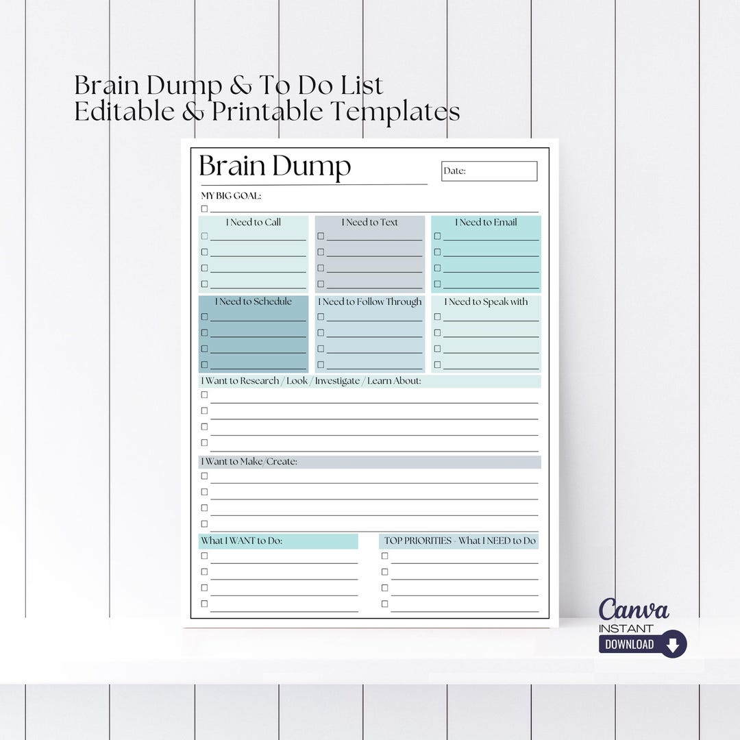 Editable ADHD Brain Dump Printable: to Do List Template (canva) - Etsy UK