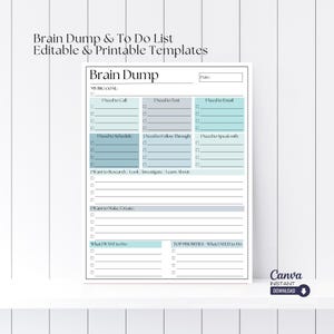 Op de afbeelding: Printbare brain dump- en to-dolist-sjabloon met selectievakjes en secties voor grote doelen, dingen om te bellen, te sms'en, te e-mailen, te plannen, te volgen, te onderzoeken, te maken, te creëren en wat je wilt doen. De sjabloon heeft een lichtblauw en grijs kleurenschema.