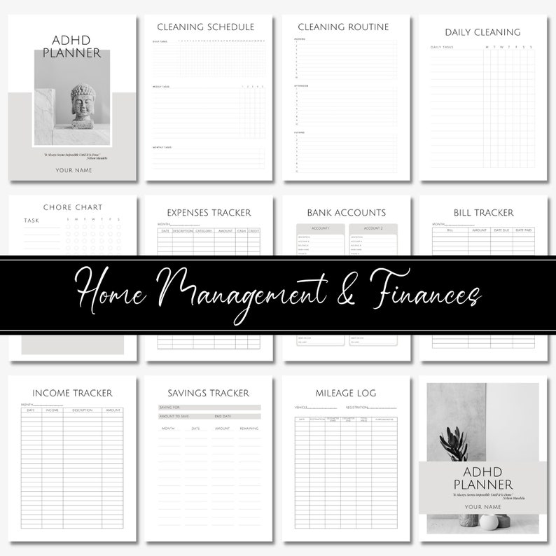 May include: A printable set of black and white planner pages for home management and finances. The pages include sections for daily cleaning, chore charts, expense tracking, bank accounts, bill tracking, income tracking, savings tracking, and mileage logs. The pages are designed for people with ADHD.