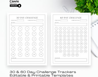 30 Day Challenge Tracker: Editable Goal Planner (Canva, PDF)