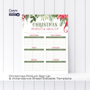 Könnte beinhalten: Ein druckbares Anmeldeformular für ein Weihnachts-Potluck mit einem grünen und roten Aquarelldesign. Das Formular enthält Abschnitte für Vorspeisen, Hauptgerichte, Beilagen, Desserts, Getränke und Sonstiges. Es enthält auch Platz für Namen und was jeder mitbringt.