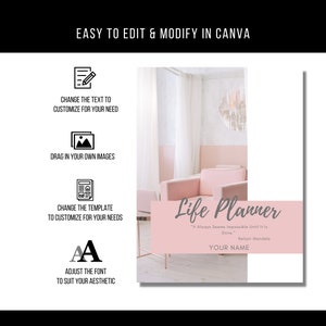 May include: A pink and white printable life planner template with the text "Life Planner" and a quote by Nelson Mandela. The template is easy to edit and customise in Canva.