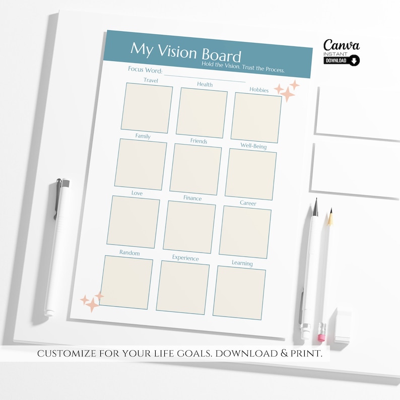 Editable Vision Board Template, Printable Vision Board, Digital Vision