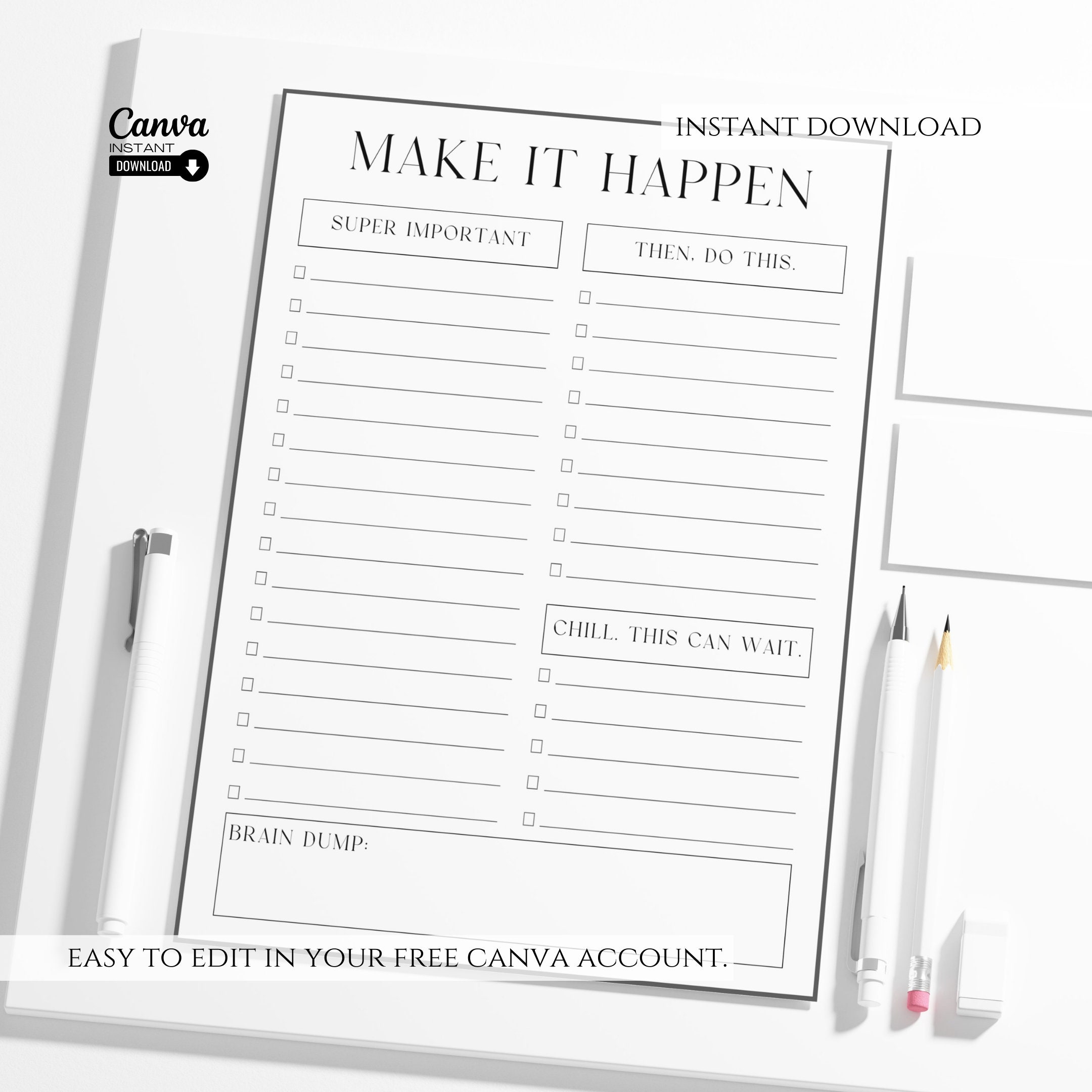 Editable Daily to Do Checklist Template, Printable Productivity Planner