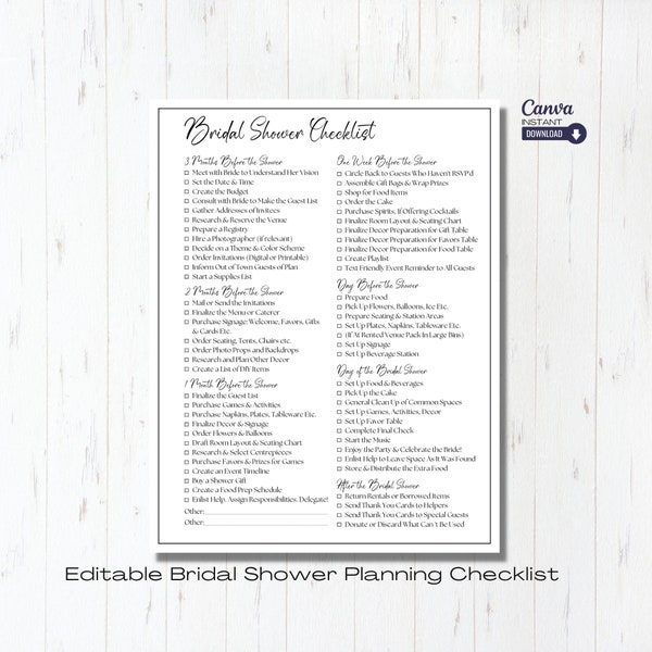 Editable Bridal Shower Planning Checklist Template, Printable Wedding Shower Planner, Bridal Shower Checklist, Bridal Shower List