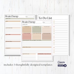 Peut inclure: Trois pages de planificateur imprimables avec un design minimaliste. Les pages sont intitulées "Brain Dump", "Brain Dump" et "To Do List". Chaque page comporte une section pour noter les tâches, les objectifs et les priorités.