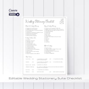 May include: A black and white checklist for wedding stationery. The checklist includes items such as engagement announcements, save the dates, wedding invitations, RSVP cards, and thank you notes. The checklist also includes a timeline for ordering and sending out the stationery.