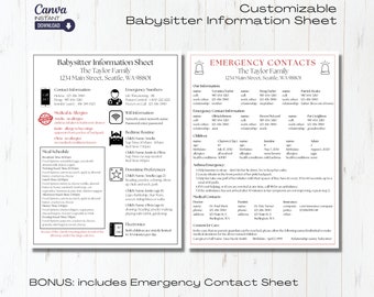 May include: A printable babysitter information sheet with a red and white border. The sheet includes contact information, emergency numbers, medical information, meal schedule, bedtime routine, downtime preferences, and electronics information. The sheet also includes an emergency contact sheet with contact information for the family.