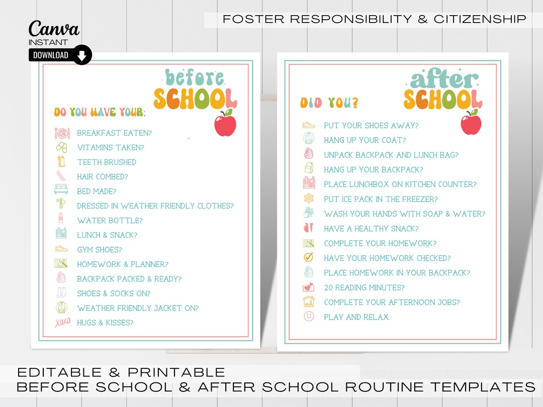 Printable Before School and After School Checklist Editable - Etsy