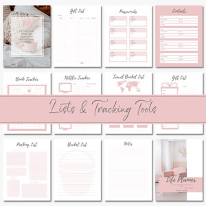 May include: A set of printable pink and white planner pages with titles such as "Gift List", "Passwords", "Contacts", "Book Tracker", "Netflix Tracker", "Travel Bucket List", "Packing List", "Bucket List", "Notes", and "Life Planner".