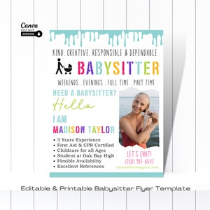Editable Babysitting Flyer, Printable Childcare Services Flyer, About Me, Easy to Use Babysitter Flyer Canva Template, Digital Download