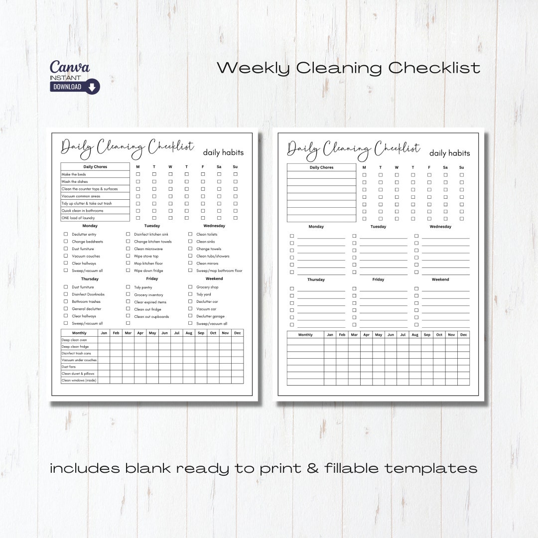 Editable Cleaning Checklist Planner: Daily & Weekly Chore Chart ...