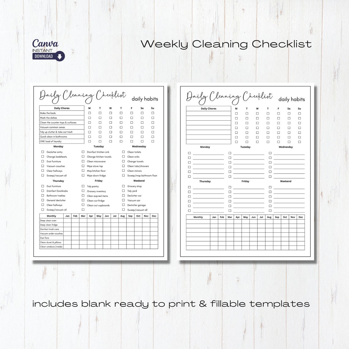 Editable Cleaning Checklist Planner: Daily & Weekly Chore Chart ...