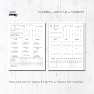 May include: A printable weekly cleaning checklist with a daily cleaning checklist on each side. The checklist includes daily chores, daily habits, and a monthly calendar to track cleaning tasks.