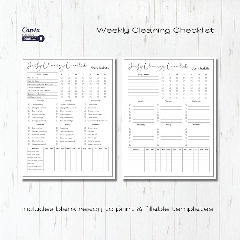Editable Cleaning Checklist Planner: Daily & Weekly Chore Chart ...