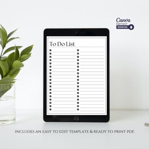 Puede incluir: Una tableta digital que muestra una plantilla de lista de tareas imprimible con un dise&ntilde;o en blanco y negro. La lista tiene dos columnas con casillas de verificaci&oacute;n y l&iacute;neas para escribir tareas. El texto "To Do List" est&aacute; en la parte superior de la plantilla.