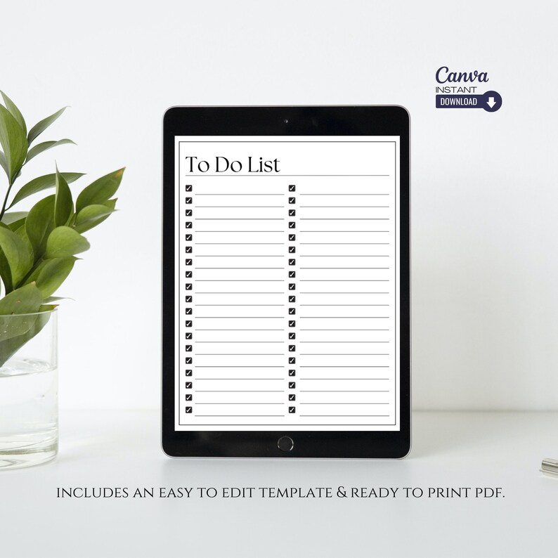Puede incluir: Una tableta digital que muestra una plantilla de lista de tareas imprimible con un dise&ntilde;o en blanco y negro. La lista tiene dos columnas con casillas de verificaci&oacute;n y l&iacute;neas para escribir tareas. El texto "To Do List" est&aacute; en la parte superior de la plantilla.