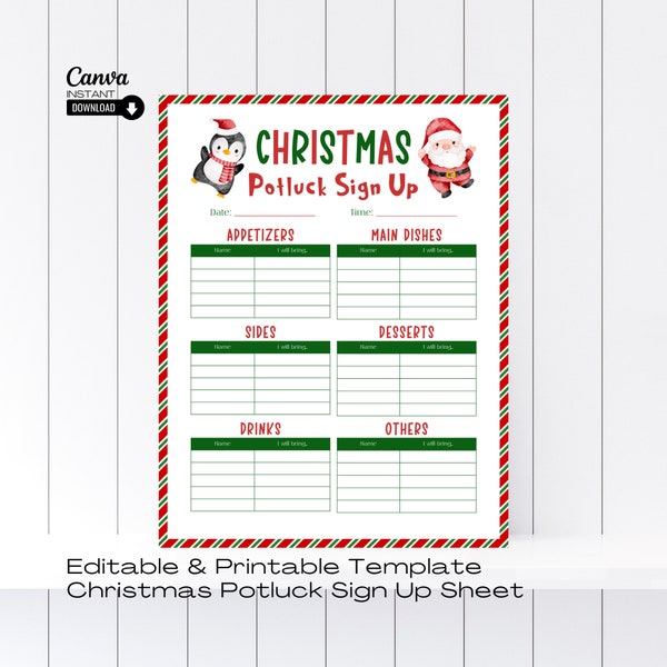 Editable Christmas Potluck Sign Up Sheet Template, Printable Holiday Potluck Sheet, Dinner Party Food Sign Up Sheet, Potluck Planner, Canva