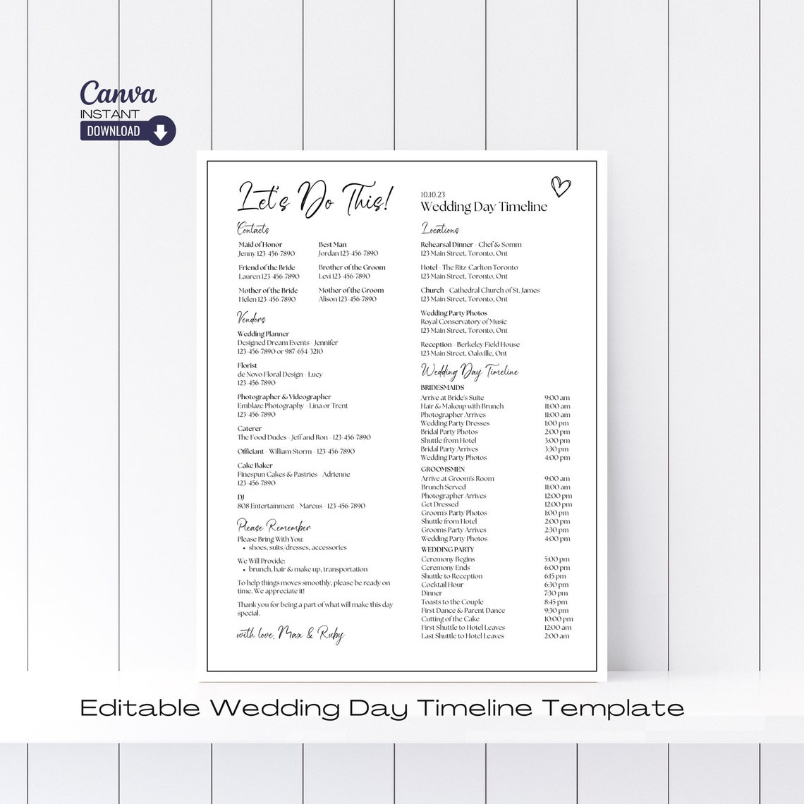 Editable Wedding Day Timeline Template Printable Wedding Itinerary