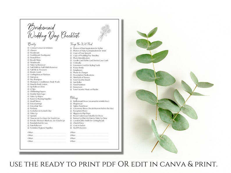 Editable Bridesmaid Wedding Day Checklist Template Printable - Etsy