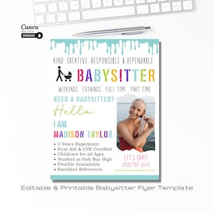 Editable Babysitting Flyer, Printable Childcare Services Flyer, About Me, Easy to Use Babysitter Flyer Canva Template, Digital Download