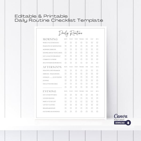 Editable Daily Routine Checklist Template, Printable Daily Routine Chart, Adult Routine, Kids Routine, Responsibility Chart, Habit Tracker