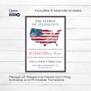 Puede incluir: Plantilla de bandera de aula imprimible del juramento de lealtad con un diseño de bandera estadounidense desgastado con el texto "The Pledge of Allegiance" y el texto del juramento de lealtad.
