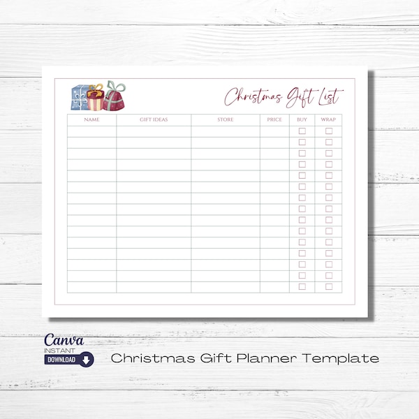 Editable Christmas Gift Planner Fillable Template, Printable Holiday Present List, Christmas Gift Ideas, Digital Download, Canva