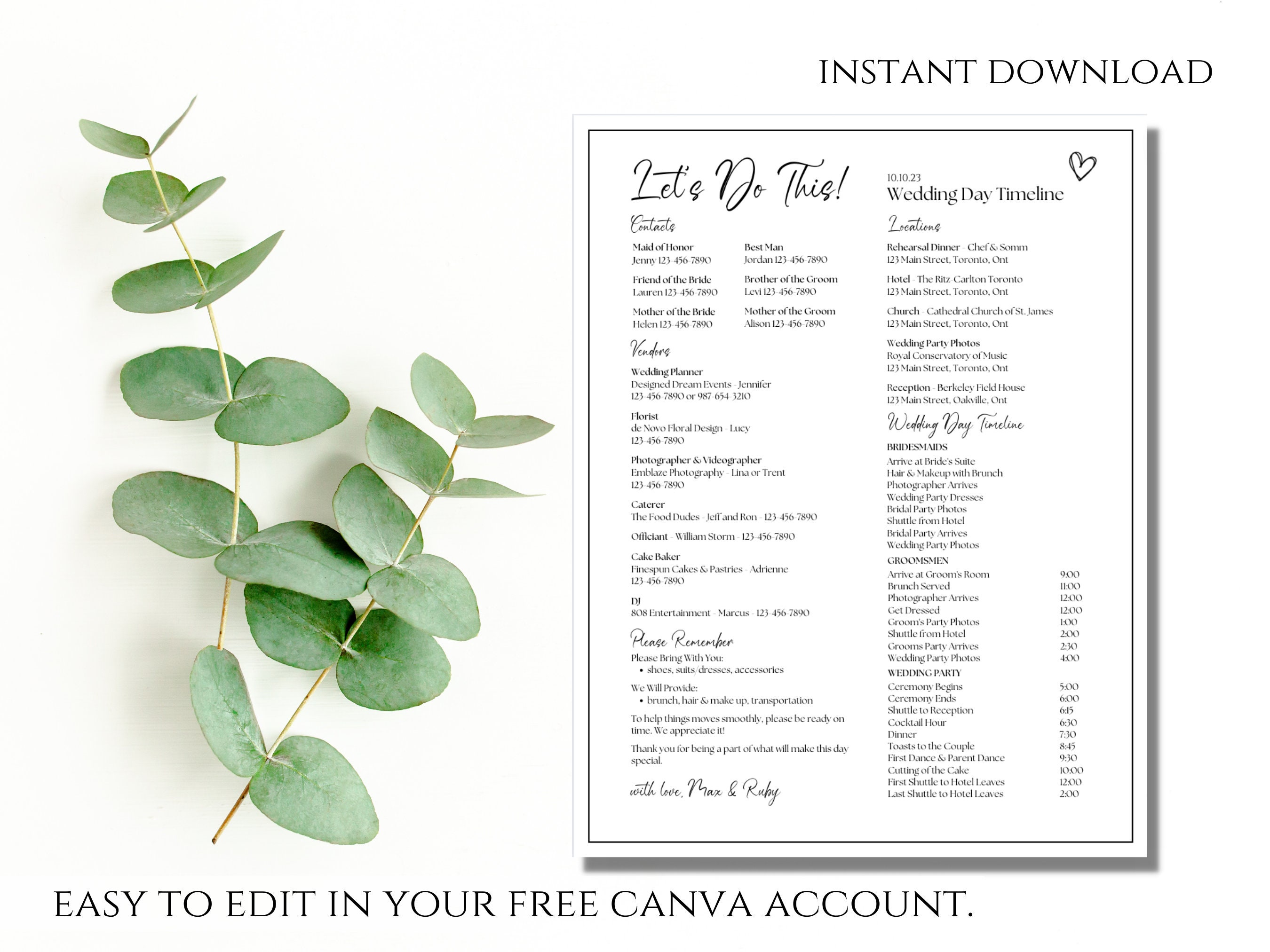 Editable Wedding Day Timeline Template Printable Wedding Etsy