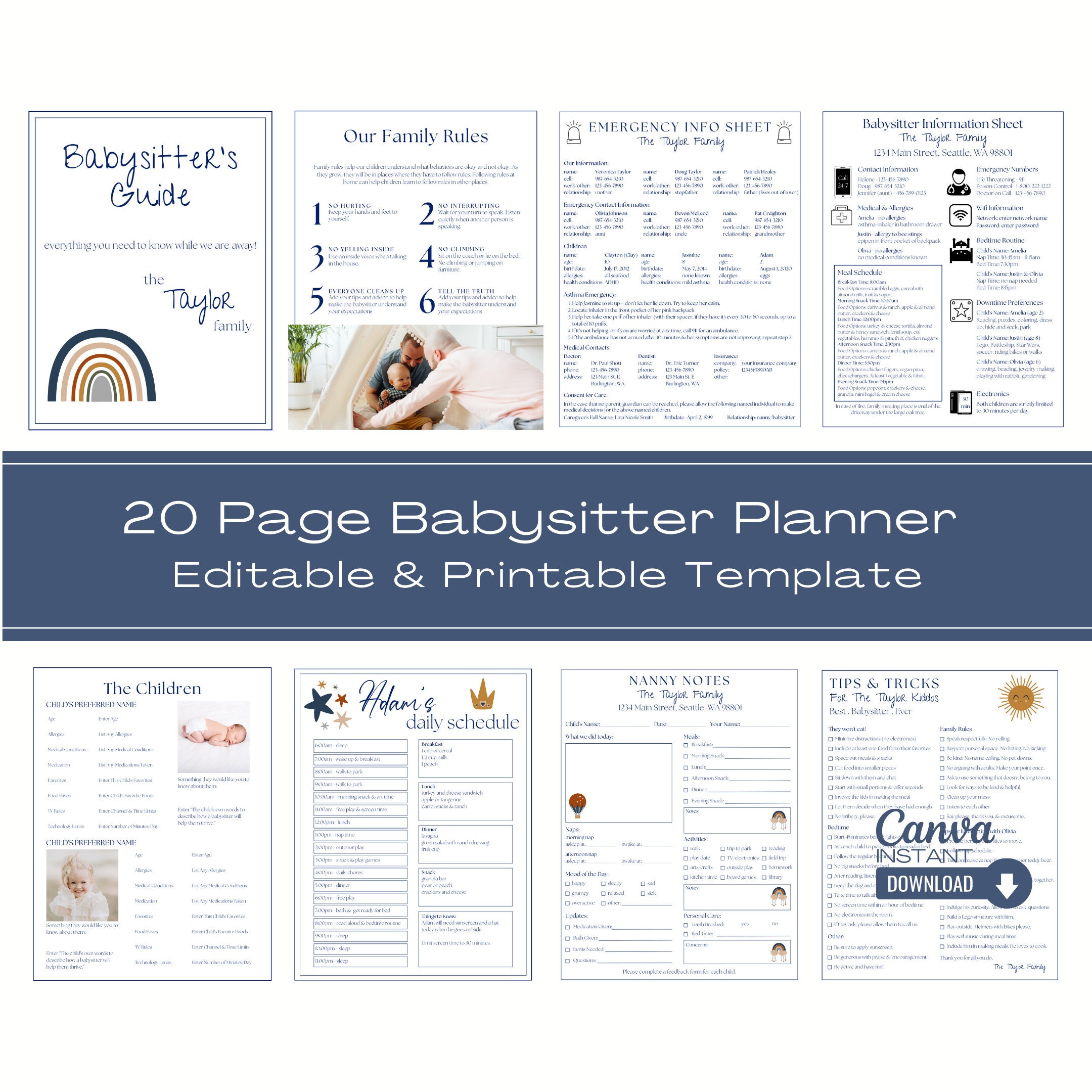 Agenda per babysitter modificabile: appunti per tata, raccoglitore per assistenza all'infanzia (stampabile)