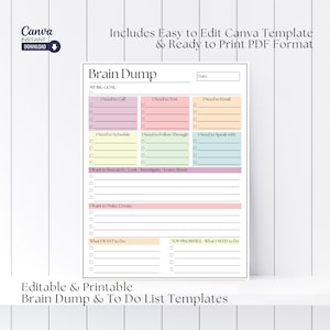 Puede incluir: Una plantilla de descarga de cerebro y lista de tareas imprimible con un esquema de color pastel. La plantilla incluye secciones para un gran objetivo, cosas para llamar, enviar mensajes de texto, correo electrónico, programar, hacer un seguimiento, hablar, investigar, hacer, crear y las principales prioridades. La plantilla es editable e imprimible.