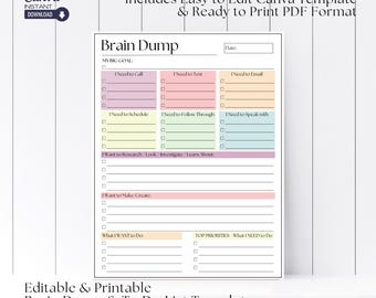 ADHD Brain Dump Printable: modello di elenco di cose da fare modificabile (Canva e PDF)