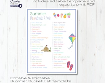 Editable Summer Bucket List: Printable Activity Planner (Digital Download)